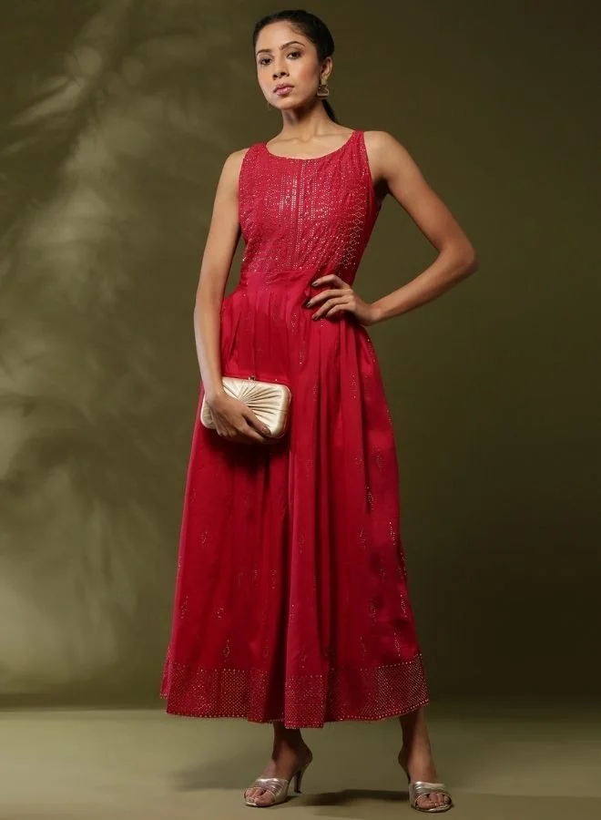 Abhishti Sleeveless Mukaish work dress-red