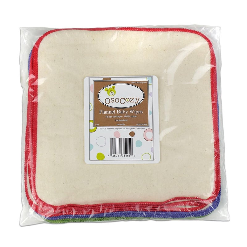 OsoCozy Flannel Cloth Baby Wipes - Reusable and Washable Saves Money - 15 Pack Unbleached/Natural 100% Cotton - Soft and Durable - Colorful Outer Stitching - 8 x 8 inches each. - Image 4