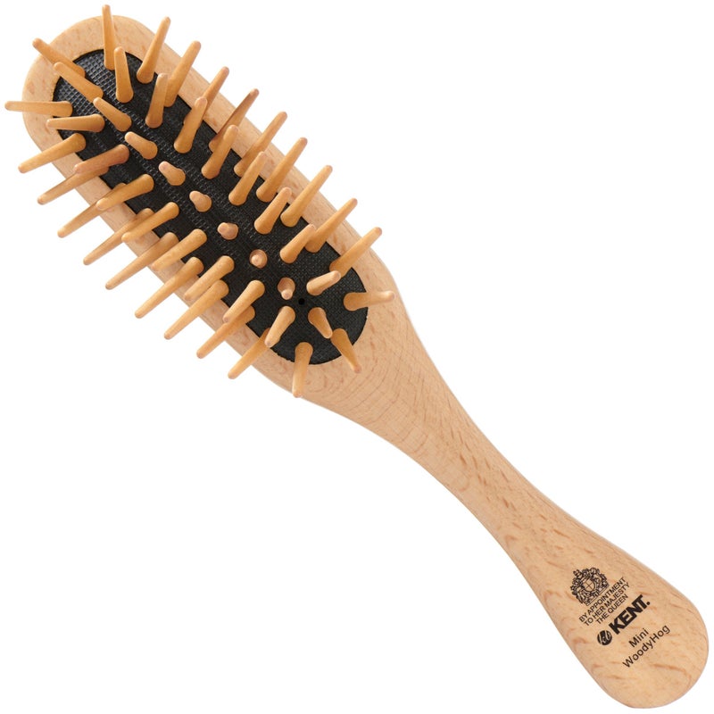 Kent KB MiniWoodyhog Travel Size Detangling Brush Beech-wood, Firm Rounded Wooden Bristles,Natural Cushion Detangler Wooden Hair Brush for Women Men and Kids Everyday Care,Made in England - Image 1