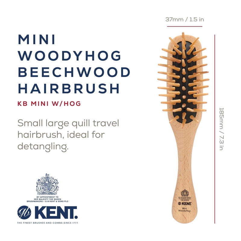 Kent KB MiniWoodyhog Travel Size Detangling Brush Beech-wood, Firm Rounded Wooden Bristles,Natural Cushion Detangler Wooden Hair Brush for Women Men and Kids Everyday Care,Made in England - Image 2