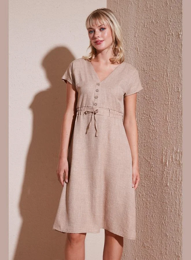 Lela Lela Button-Front V-Neck Regular Fit Short-Sleeved Midi Dress Women's Dress 5865747