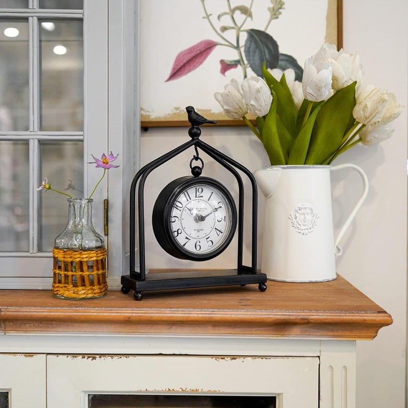 SOFFEE DESIGN 7.5'' x 10'' Mantel Clock Iron Tower Frame, Creative Bird Ornament Tabletop Clock, Silent Clock with Hollow Carved Back Cover for Home Decor, Black - Image 3
