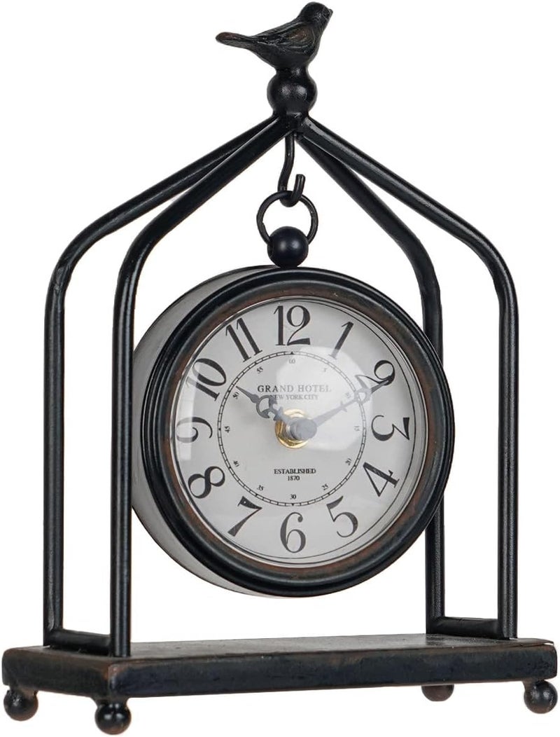 SOFFEE DESIGN 7.5'' x 10'' Mantel Clock Iron Tower Frame, Creative Bird Ornament Tabletop Clock, Silent Clock with Hollow Carved Back Cover for Home Decor, Black - Image 1