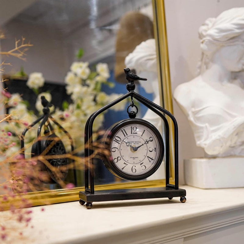 SOFFEE DESIGN 7.5'' x 10'' Mantel Clock Iron Tower Frame, Creative Bird Ornament Tabletop Clock, Silent Clock with Hollow Carved Back Cover for Home Decor, Black - Image 2