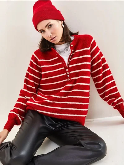 Bianco Lucci Button Collar Relaxed Fit Knit Sweater