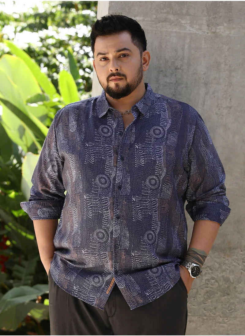 انستافاب بلس Instafab Plus Men's Indigo Blue Thread-Imprint Shirt For Casual Wear | Spread Collar | Long Cuffed Sleeves | Button Closure | Plus Size Shirt Crafted With Comfort Fit For Everyday Wear