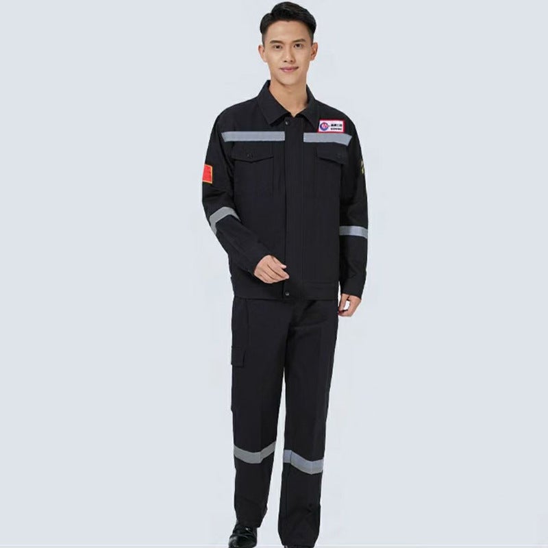 Pure Cotton Oilfield Labor Protection Workwear, Thickened Cotton for Spring and Autumn, Welding Reflective Workshop Workwear Set for Men and Women Black 