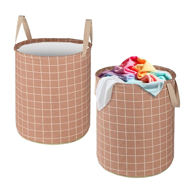 Kuber Industries Kuber Industries Pack of 2 Foldable Dirty Clothes 45L Laundry Basket With Handles Baby Unwashed Dress BinStorage Box Checkered Light Brown - Image 1