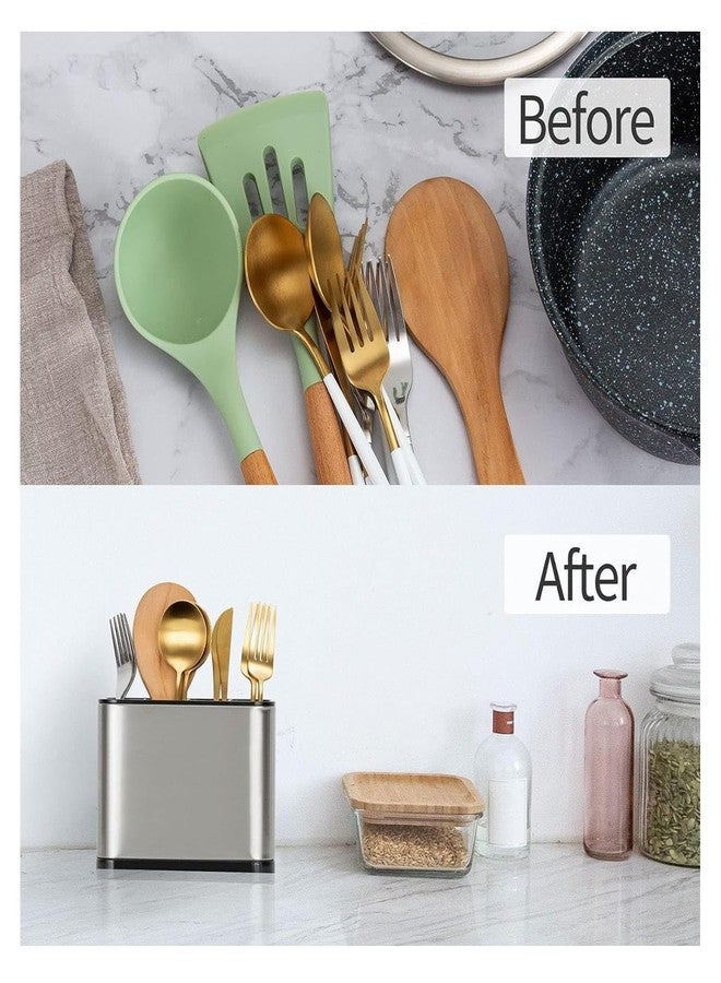 HOMENITY® - Stainless Steel Utensil Holder, Kitchen Organiser with Drainage, Modern Cutlery Storage Caddy,4 slots,Cutlery Holder,Drainboard Spoon Storage Kitchen Organizer Drainer Dish Drying Rack - Image 3