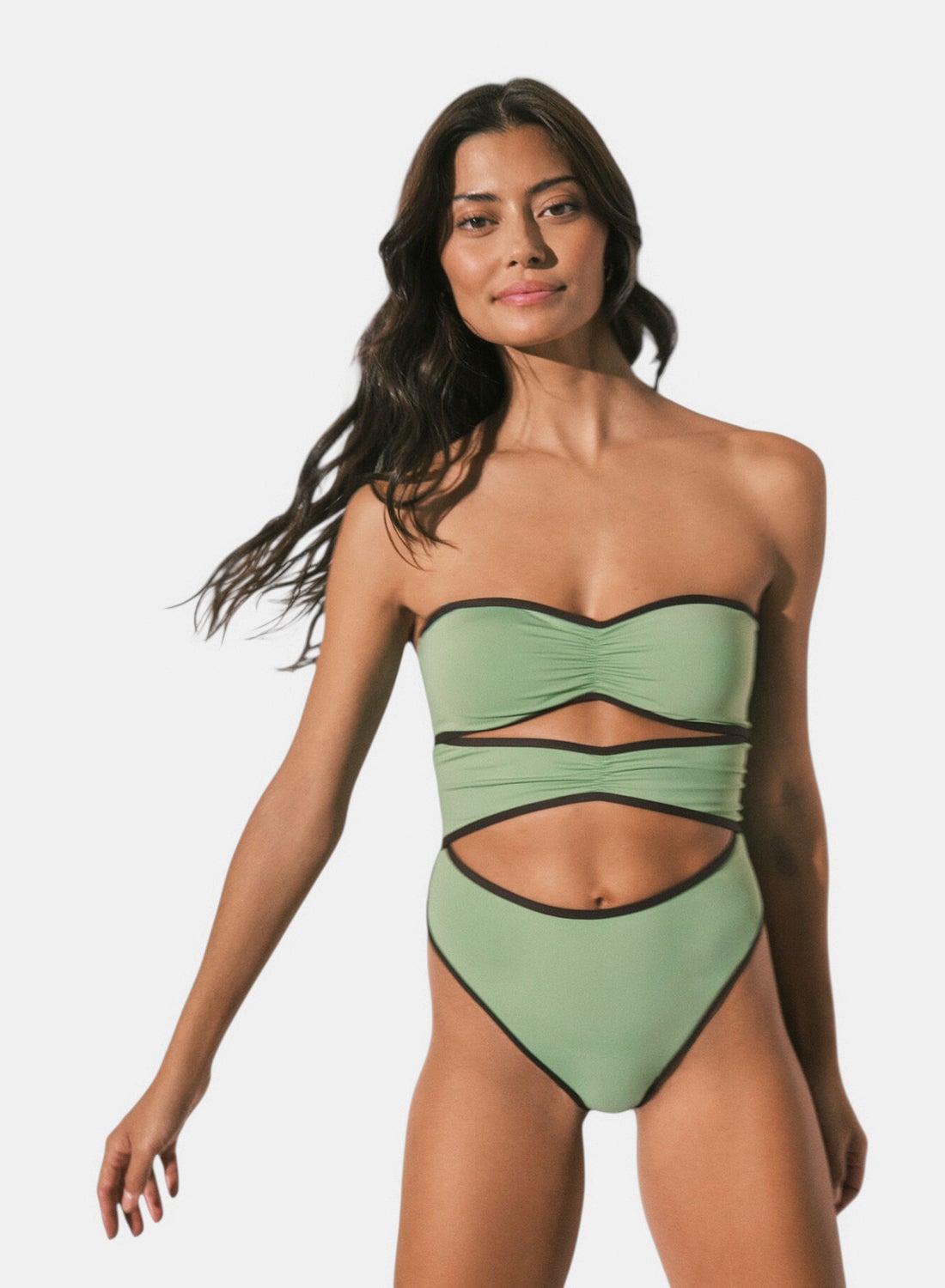 Green bandeau front slits swimwear