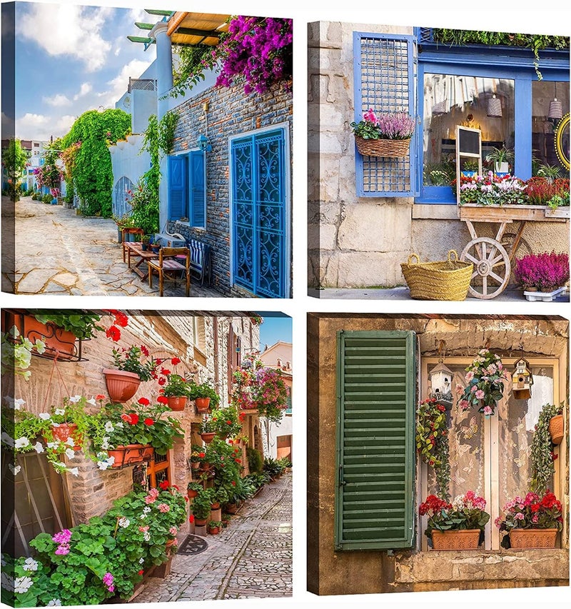 OKEXCKK Tuscan Wall Art Decor, Italy Window View Paintings Nature Landscape Pictures Mediterranean Street Canvas Prints for Bedroom, Living Room, Office Wall Decoration - Image 1