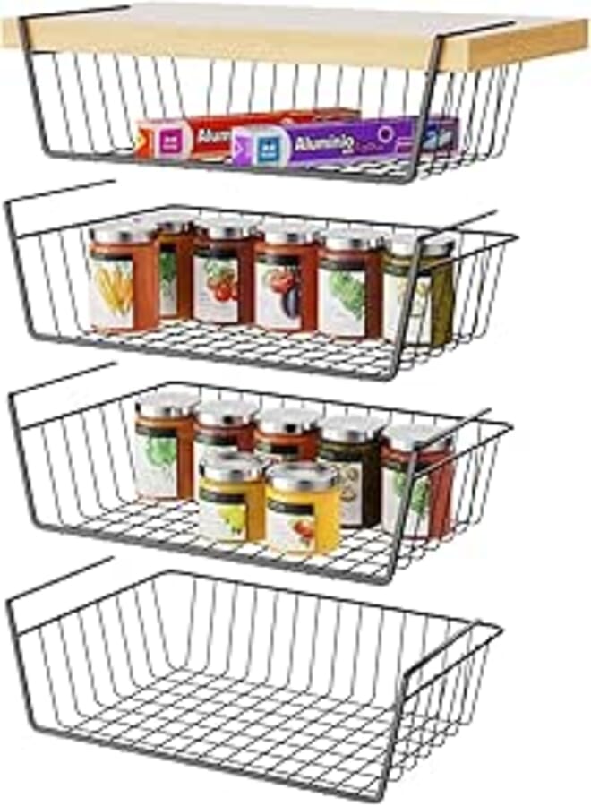 Veckle Pantry Shelves, 4 Pack Under Shelf Basket Metal Basket Organizer Under Cabinet Storage with Rustproof Coated for Kitchen Pantry Cabinet Shelves, Black