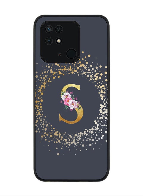Rugged Black edge case for Redmi 10C 4G Slim fit Soft Case Flexible Rubber Edges Anti Drop TPU Gel Thin Cover - Custom Monogram Initial Letter Floral Pattern Alphabet - S (Grey)