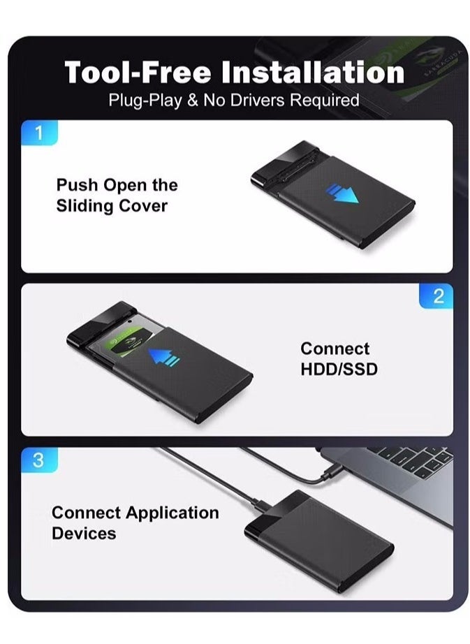 2.5'' External Hard Drive Enclosure, 6Gbps USB C 3.1 Gen 2 to SATA III Tool-Free External Hard Drive Case for 7mm/9.5mm 2.5 inch SSD HDD with UASP, Compatible with WD Toshiba Samsung PS4 Xbox  - Image 5