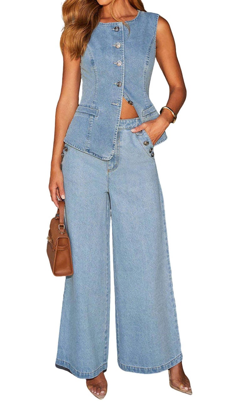 loveimgs Women 2 Piece Denim Set Button Sleeveless Jean Vest Denim Top Y2k Shirt Wide Leg Jeans Palazzo Pants Outfits (Large, Blue) - Image 1