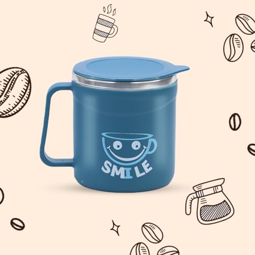 Attro Happy Mug Comes with Double Wall Inner Stainless Still & Lid Stylish Cup Ideal for Hot Coffee, Tea - Blue - Plastic, 300 Ml - Image 1