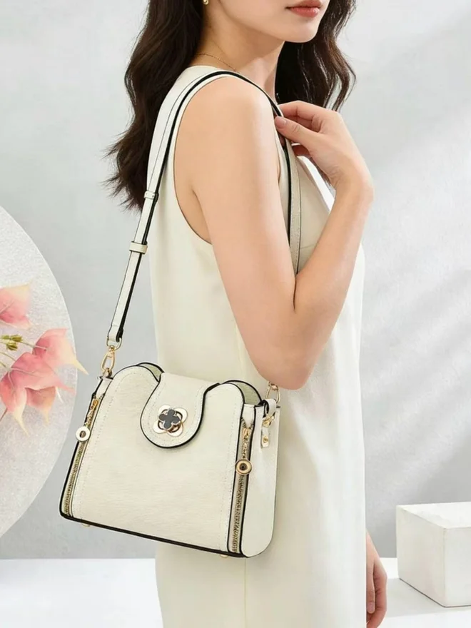 Take Two  Solid Zip Detail Handbag with Adjustable Strap for Women | Best Price UAE