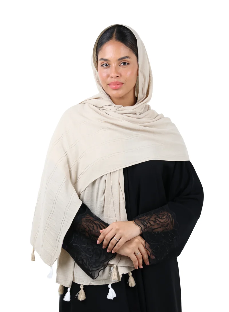 Crinkle Cotton Scarf with Tassel Trim (Light Beige)