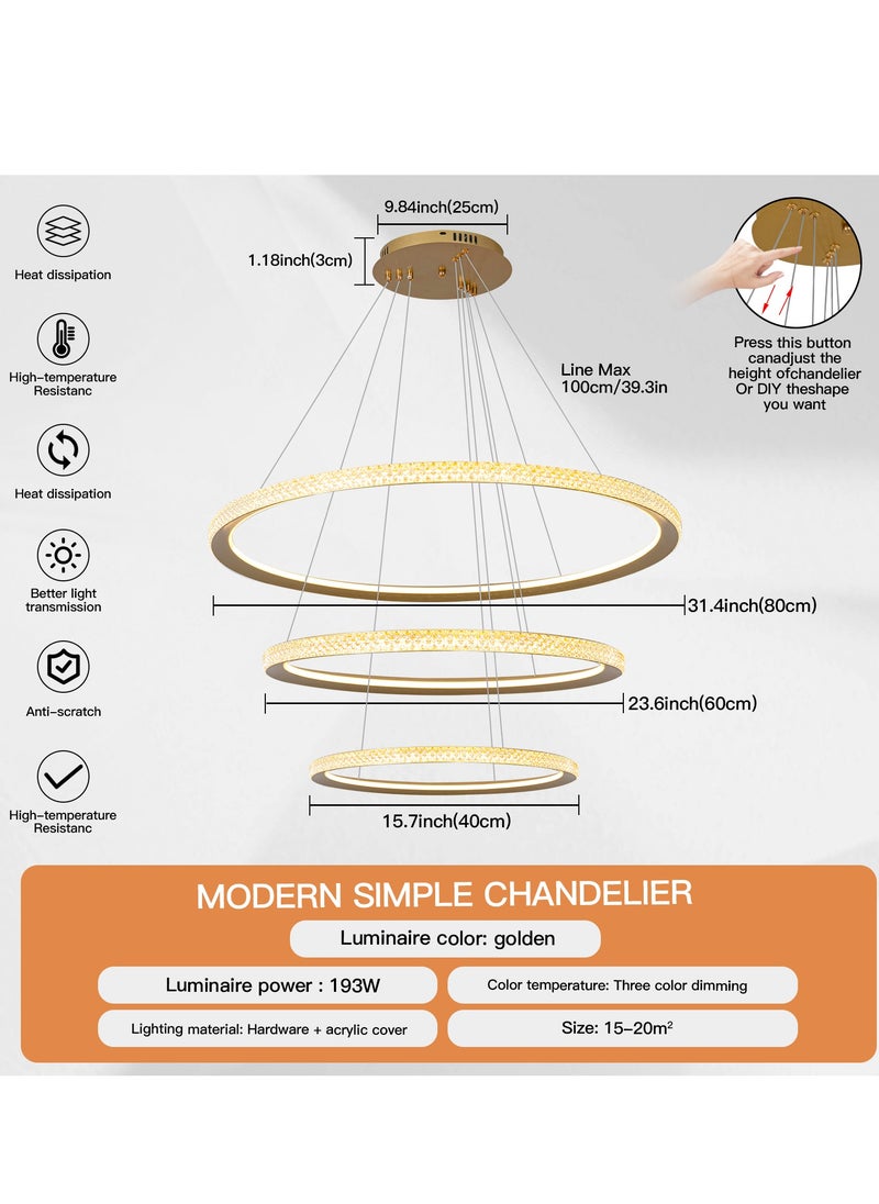 YATAI LIGHTING - Modern LED Chandelier Gold Ring Chandelier Light Fixture Gold Pendant Light 3 Ring Chandelier with Adjustable Height Color Changing Chandelier for Dining Room Living Room Bedroom,193W - Image 1