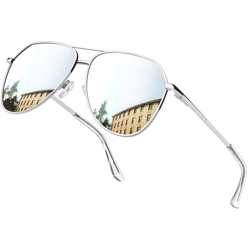 Joopin Oversized Silver Aviation Sunglasses Polarized, Retro Sun Glasses UV Protection, Military Shades Mirror lens Sunnies - Image 1