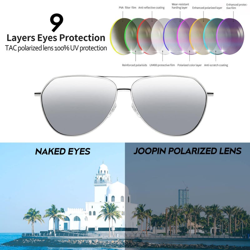 Joopin Oversized Silver Aviation Sunglasses Polarized, Retro Sun Glasses UV Protection, Military Shades Mirror lens Sunnies - Image 3