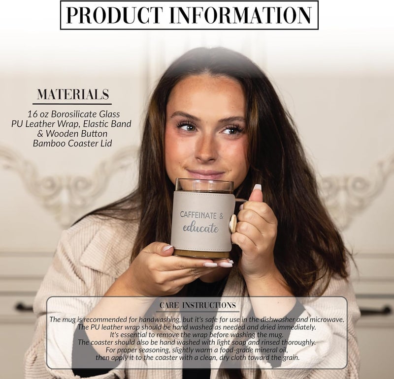 Pavilion Gift Company Pavilion Gift Company  Caffeinate  Educate 16 oz Glass Coffee Cup Mug With Unique Beige Wrap  Bamboo Coaster Cap 3 Piece Kids Teacher Friend Present Gift - Image 2