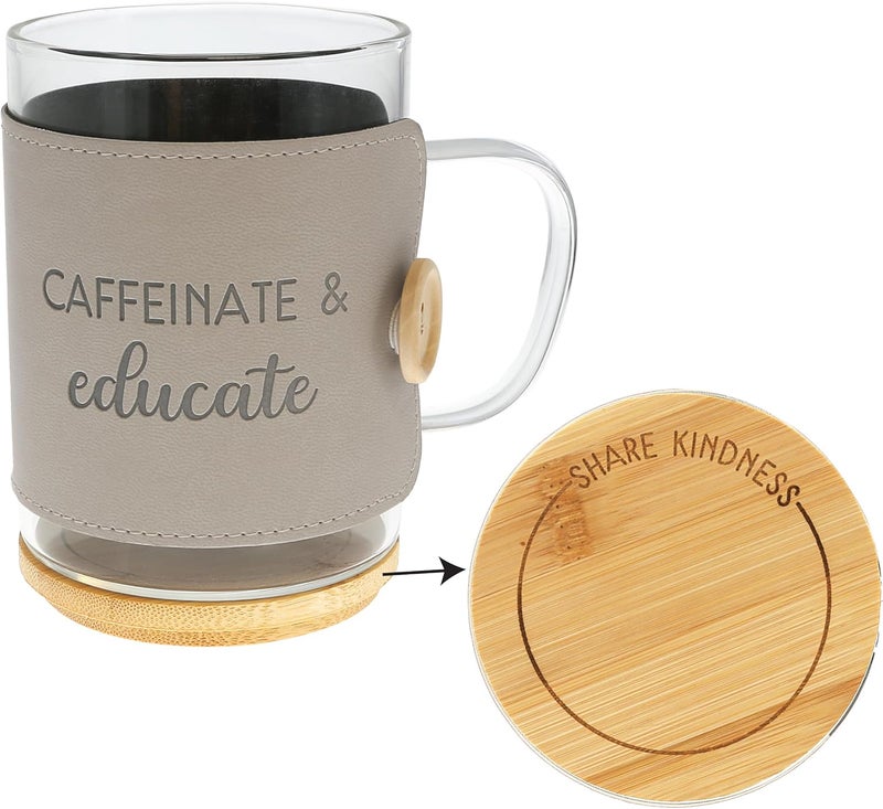 Pavilion Gift Company Pavilion Gift Company  Caffeinate  Educate 16 oz Glass Coffee Cup Mug With Unique Beige Wrap  Bamboo Coaster Cap 3 Piece Kids Teacher Friend Present Gift - Image 1