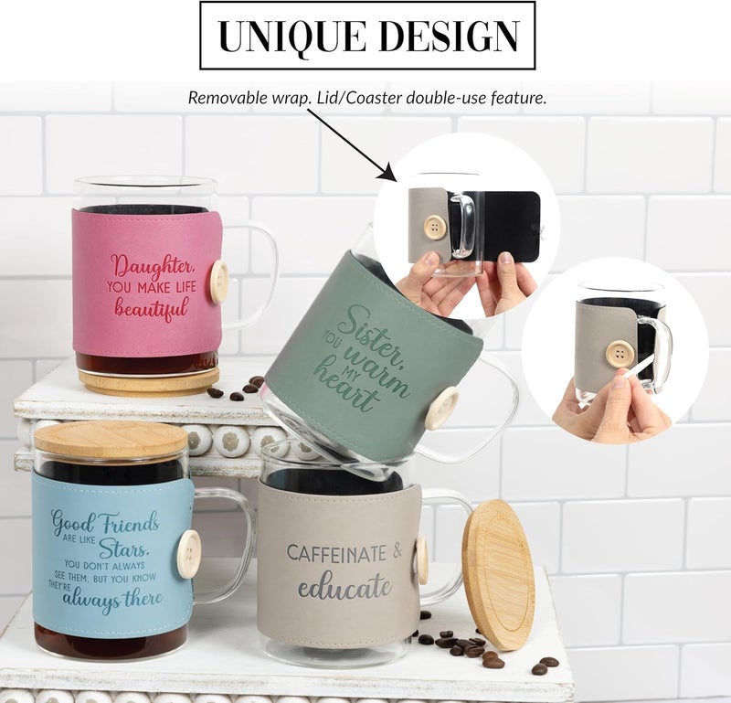 Pavilion Gift Company Pavilion Gift Company  Caffeinate  Educate 16 oz Glass Coffee Cup Mug With Unique Beige Wrap  Bamboo Coaster Cap 3 Piece Kids Teacher Friend Present Gift - Image 5