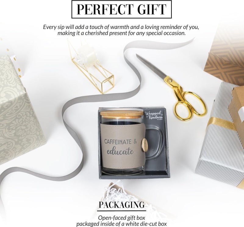 Pavilion Gift Company Pavilion Gift Company  Caffeinate  Educate 16 oz Glass Coffee Cup Mug With Unique Beige Wrap  Bamboo Coaster Cap 3 Piece Kids Teacher Friend Present Gift - Image 3