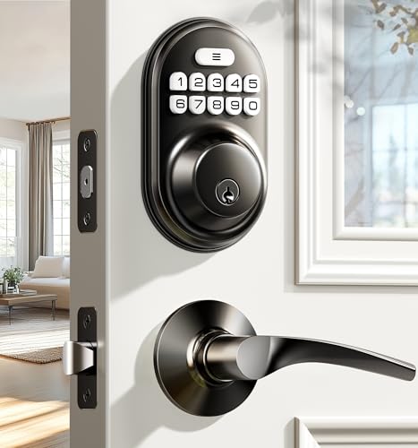 Veise Keyless Entry Door Lock with 2 Lever Handles - Electronic Keypad Deadbolt, Auto Lock, Back Lit & Easy Installation Design, Front Door Handle Sets, Matte Black - Image 1