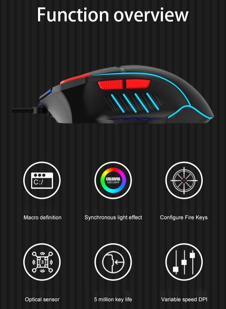 ماوس ألعاب سلكي Q6 USB، ماوس كمبيوتر عالي الدقة قابل للتعديل، تصميم مريح متوهج، ماوس ألعاب أنيق متين بـ 8 أزرار للكمبيوتر المحمول والكمبيوتر الشخصي، (أزرق) - Image 3