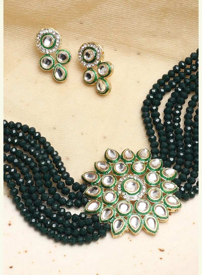 SOHI Gold Plated Kundan Beaded Party Necklace and Earring Set For Women