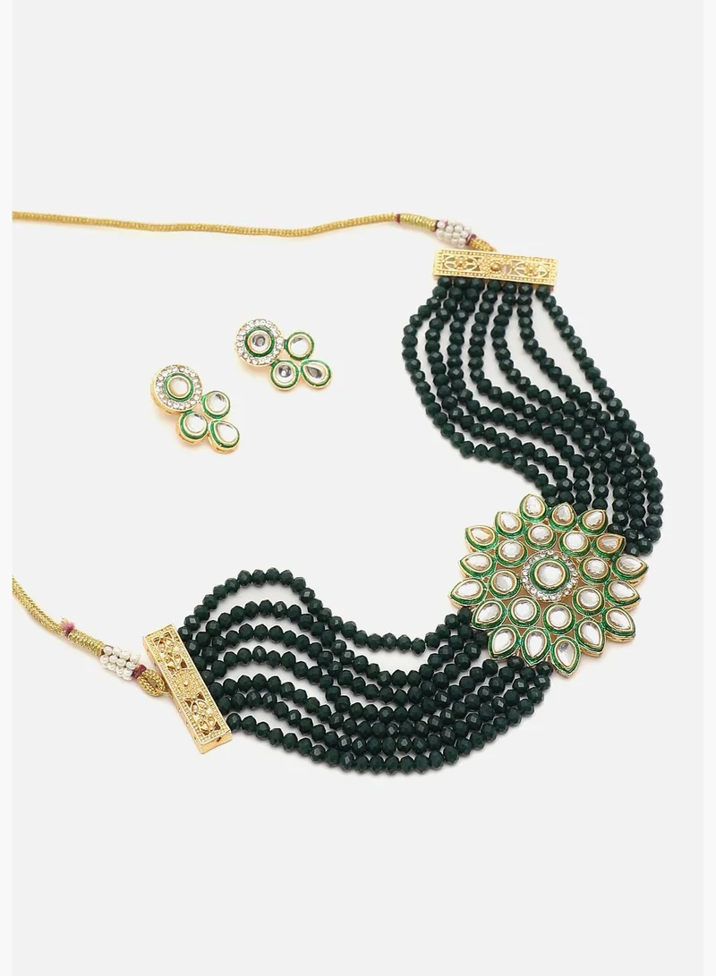 SOHI Gold Plated Kundan Beaded Party Necklace and Earring Set For Women
