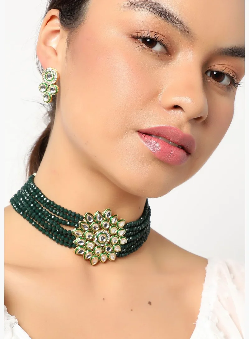 SOHI Gold Plated Kundan Beaded Party Necklace and Earring Set For Women