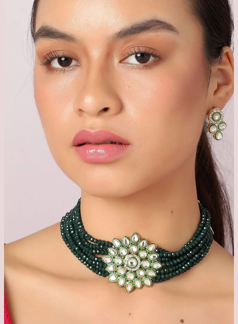 SOHI Gold Plated Kundan Beaded Party Necklace and Earring Set For Women