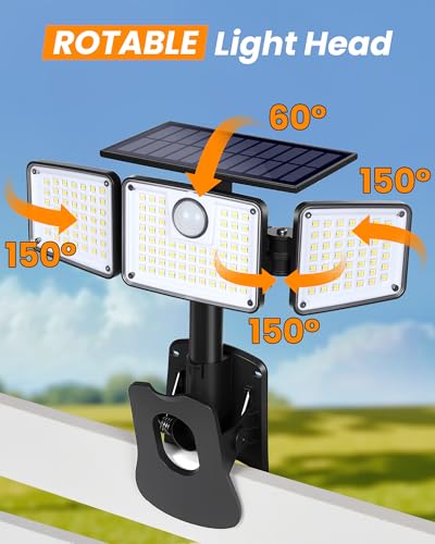 LIFENGSOLER Clip on Solar Lights, 1500LM Motion Sensor Security Lights with Remote Control, 270°Wide Angle Solar Flood Light, 3 Heads High Bright Solar Lights Outdoor Waterproof for Fence Gutter Yard（1Pack） - Image 3
