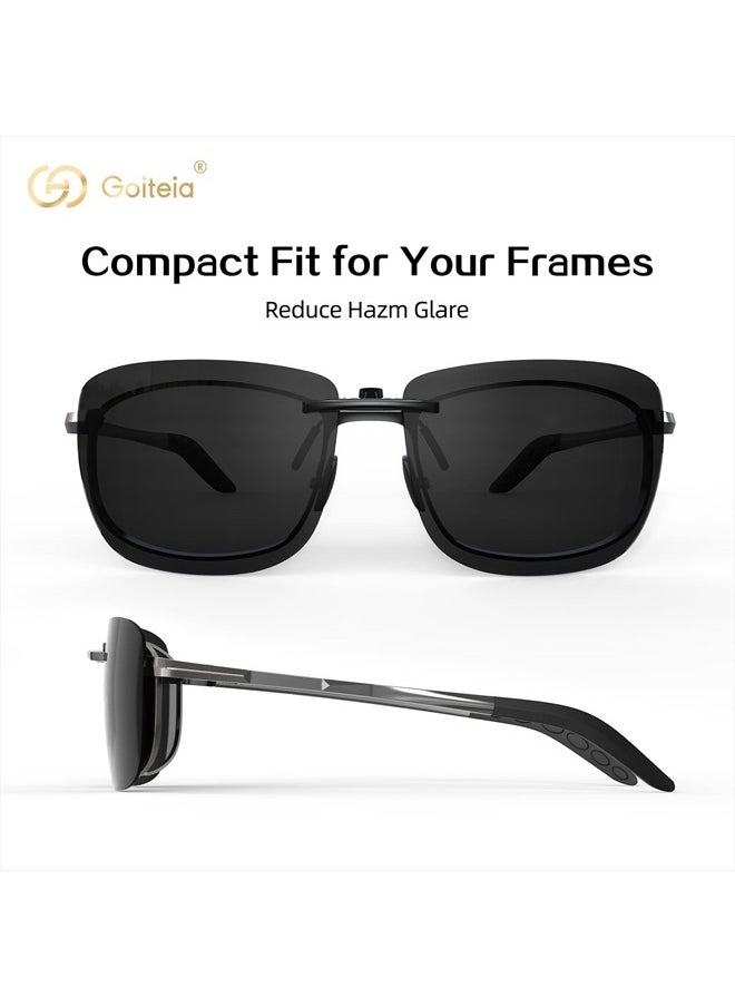 Polarized Flip up Clip on Sunglasses over Prescription Glasses for Men Women|Easy to Put on and Take off One-handed（Grey lenses）