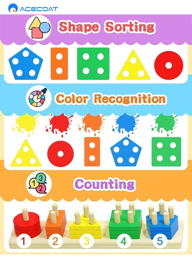 ACECOAT Montessori Sorting Stacking Toy for 1 2 3 Year Old Boy Girl, Toys for Ages 2-4 Toddlers Kids Baby, 1 2 Year Old Birthday Gifts, Wooden Learning Puzzles Shape Sorter Toy for Toddlers Educational Toys, Color Recognition Stacker Shape Sorter, Sorter toy,Learning Puzzles Gift - Image 2