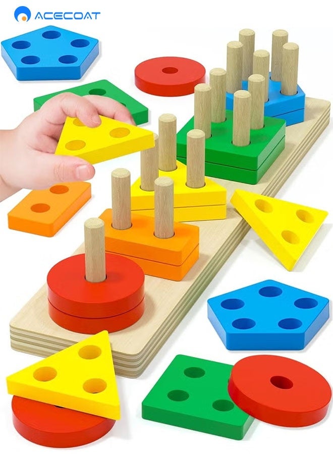 ACECOAT Montessori Sorting Stacking Toy for 1 2 3 Year Old Boy Girl, Toys for Ages 2-4 Toddlers Kids Baby, 1 2 Year Old Birthday Gifts, Wooden Learning Puzzles Shape Sorter Toy for Toddlers Educational Toys, Color Recognition Stacker Shape Sorter, Sorter toy,Learning Puzzles Gift - Image 1