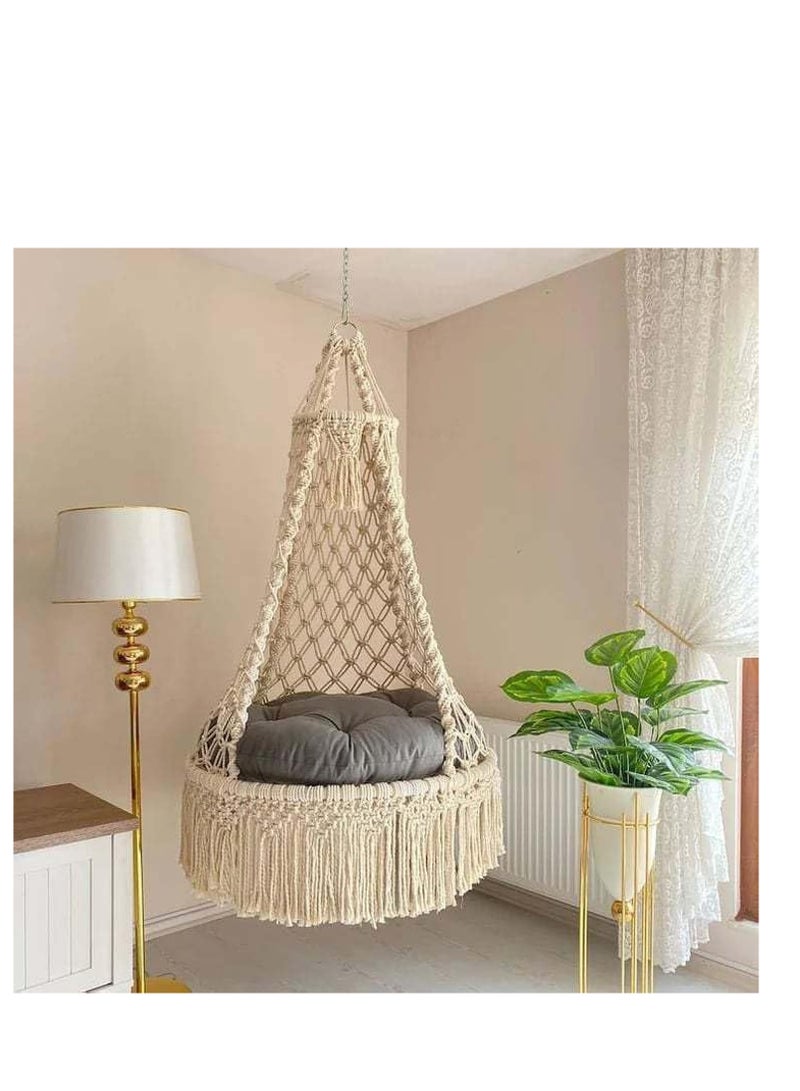 مرجيحة مكرمية معلقة ملكية وسادة رمادى