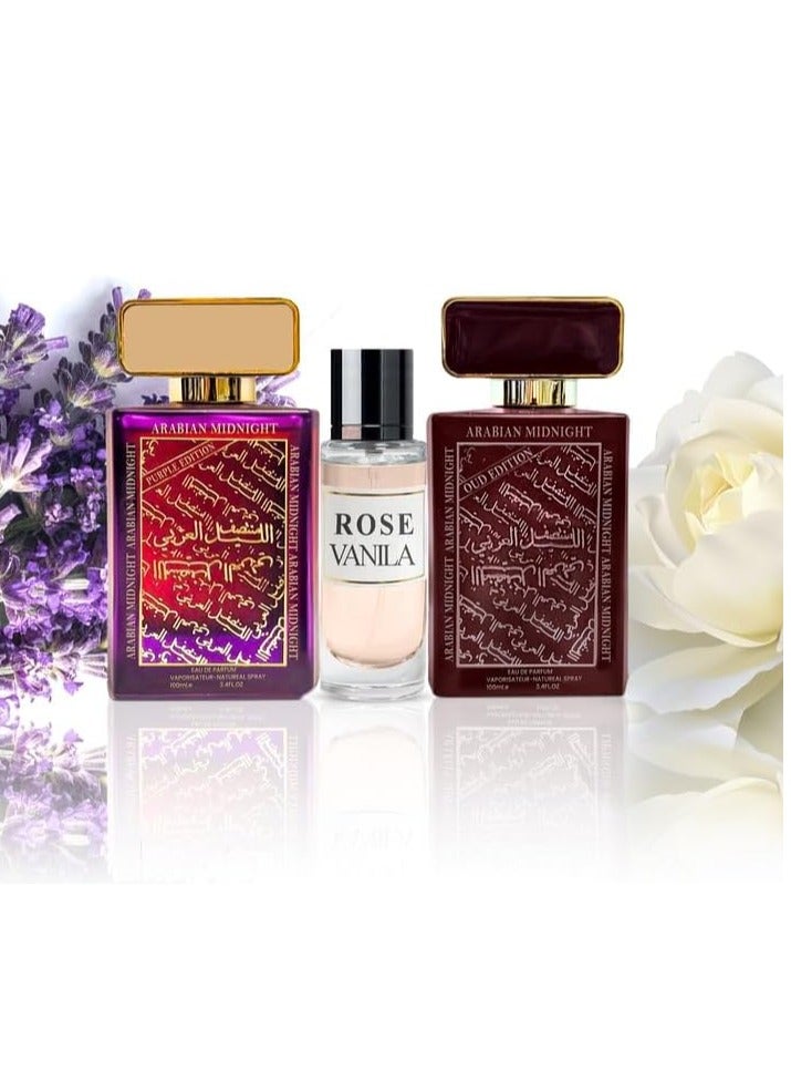 Rosemount Pack of 3 Midnight Oud 100ml Midnight Purple 100ml Rose Vanilla 30ml Best Perfumes for Men Long Lasting Women's and men's fragrances Perfume for Women