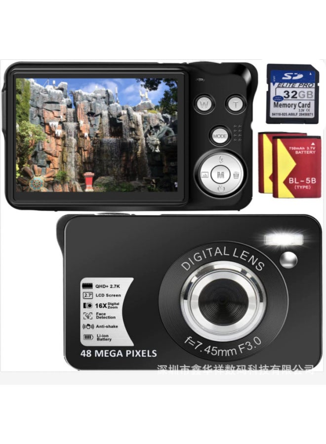 E-Commerce Best Selling Chinese Version 48 Million Pixel Ordinary Digital Camera Camera DC550S Student Card Machine-Body Color:Standard Black +32GB Card + Battery