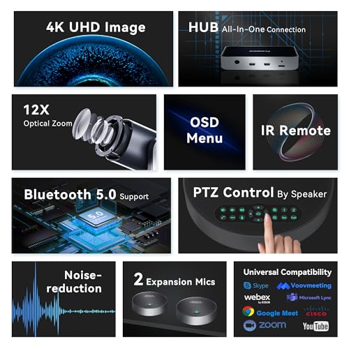 Tenveo 4K PTZ Conference Room Camera System, AI Auto-Tracking 12X Optical Zoom USB3.0 HDMI PTZ Camera and Bluetooth Speakerphone with 2 Expansion Mics Kit Wide Angle for Large Room Meetings - Image 2