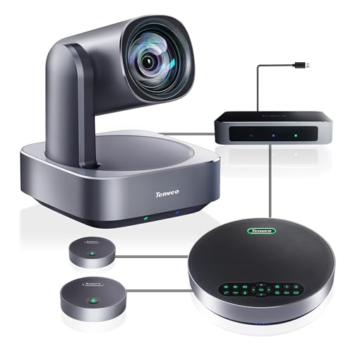 Tenveo 4K PTZ Conference Room Camera System, AI Auto-Tracking 12X Optical Zoom USB3.0 HDMI PTZ Camera and Bluetooth Speakerphone with 2 Expansion Mics Kit Wide Angle for Large Room Meetings - Image 1
