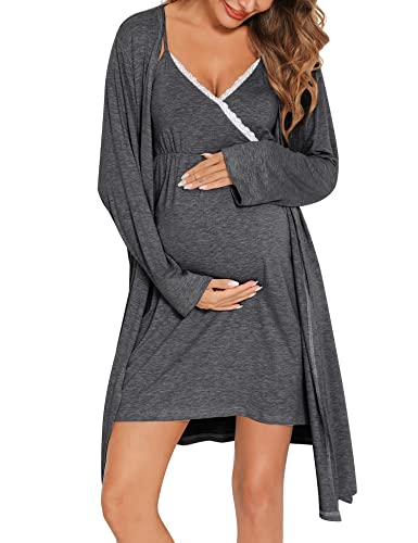 SWOMOG Womens Maternity Robe 2PCS Nursing Nightgown for Breastfeeding 3 in 1 Labor Delivery Nursing Robe Set Lace Bathrobe - Image 1