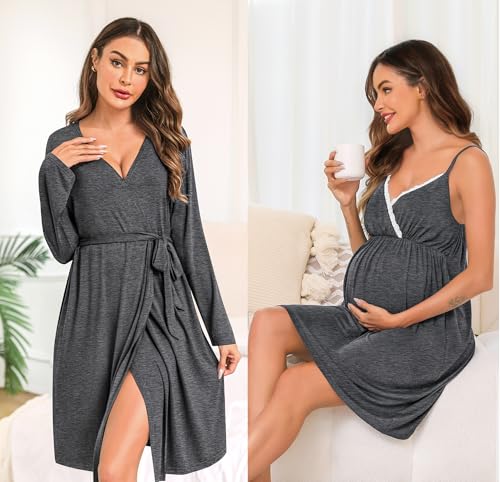 SWOMOG Womens Maternity Robe 2PCS Nursing Nightgown for Breastfeeding 3 in 1 Labor Delivery Nursing Robe Set Lace Bathrobe - Image 5