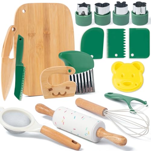Busy edition 17 PCS Kids Knife Set for Real Cooking Montessori Kitchen Tools for Toddlers Cooking and Baking Set for Kids Little Chefs Crinkle Cutter Cutting Board Safe Knife - Image 1