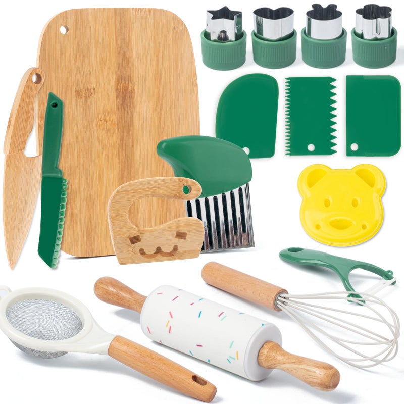 Busy edition 17 PCS Kids Knife Set for Real Cooking Montessori Kitchen Tools for Toddlers Cooking and Baking Set for Kids Little Chefs Crinkle Cutter Cutting Board Safe Knife - Image 3