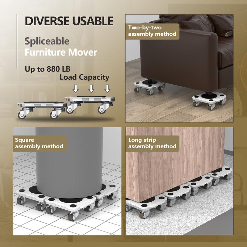 Oneon Furniture Mover Pro - 4 قطع من الدمى المحسنة مع عجلات Tpe مخصصة - نقل الأثاث الثقيل بدون جهد (رمادي فاتح: 4 دمى فقط) - Image 4
