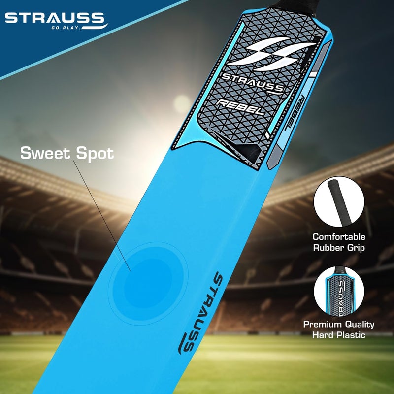 STRAUSS مجموعة كريكيت (حجم كامل) | مضرب بلاستيكي متين، كرة، أعمدة | مجموعة للمبتدئين للأطفال والبالغين | خفيفة الوزن وسهلة الاستخدام | معدات كريكيت كاملة للمتعة الخارجية وجلسات التدريب (زرقاء) - Image 3